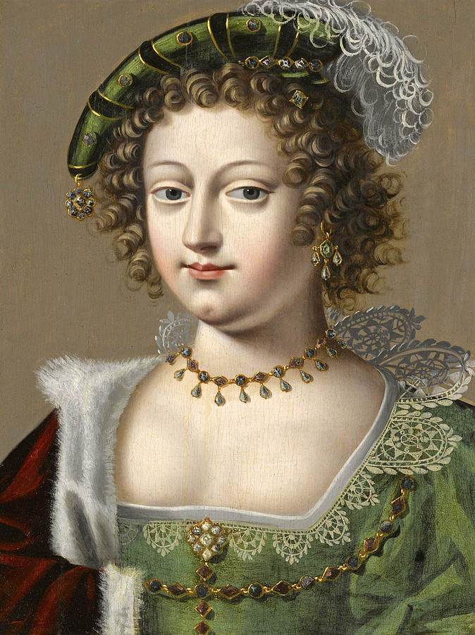 Portrait of a young lady in a green dress a red fur-trimmed cape and a green hat with a feather Painting by Workshop of Daniel Dumonstier
