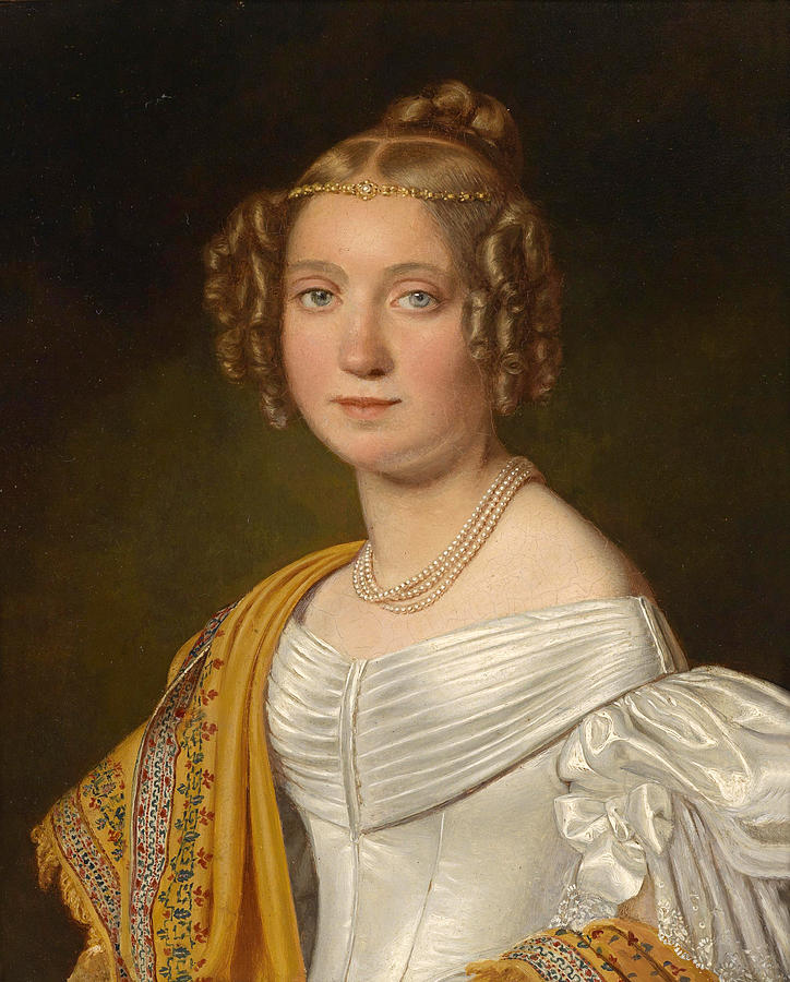Portrait of a young lady in white dress  Painting by Joseph Bernhardt