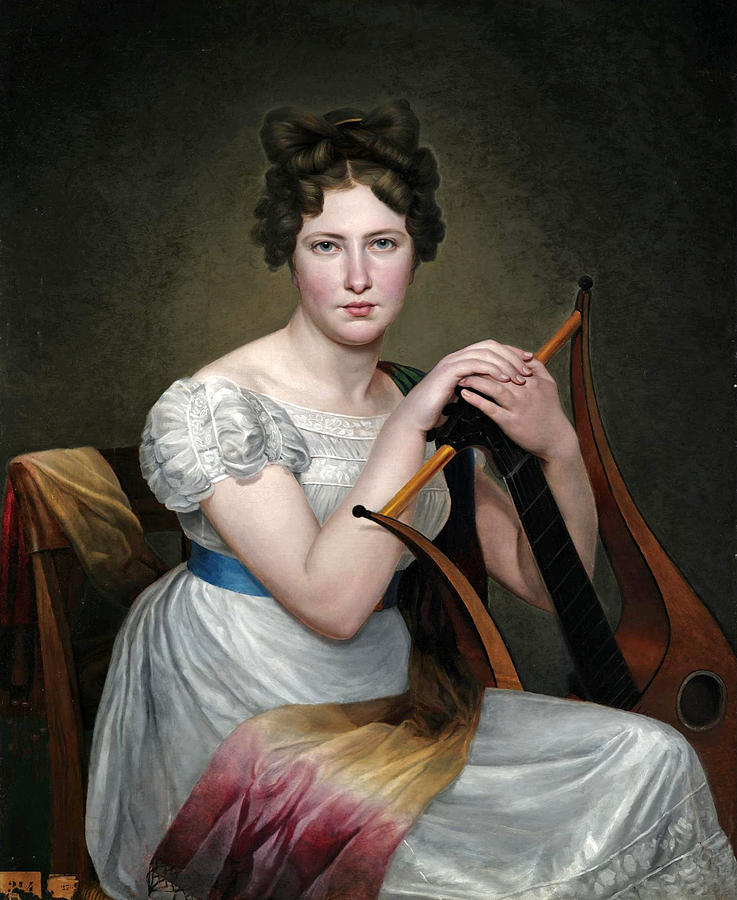 Portrait of a Young Lady seated in a White Dress holding a Lyre Painting by Circle of Adele Romany