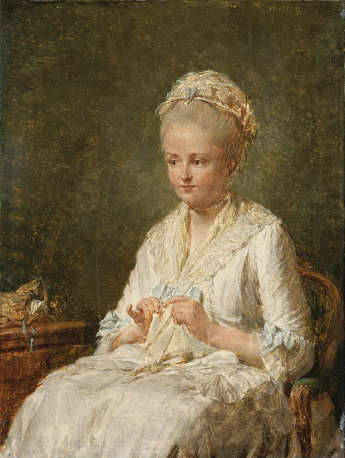 Beautiful Painting - Portrait of a Young Lady sewing called Portrait of Madame Lagrenee by Nicolas Bernard Lepicie