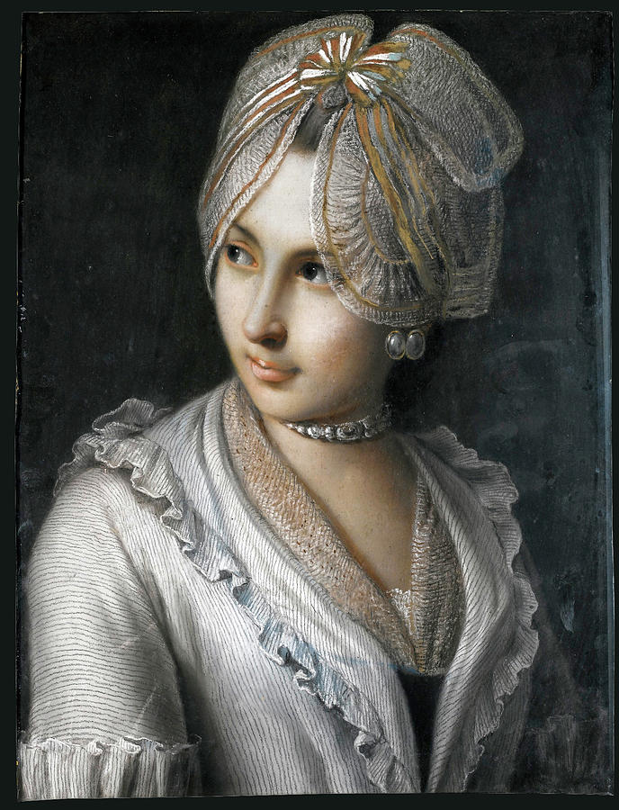 Portrait of a young lady with a lace cap and Jewelled Choker Painting by Pietro Rotari