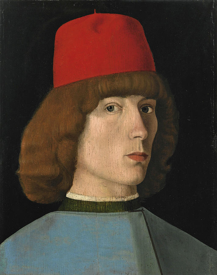 Beautiful Painting - Portrait of a young man bust length in a red cap by Jacopo da Valenza