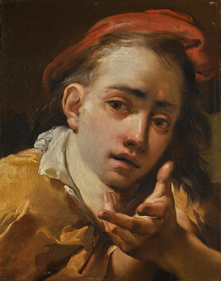 Portrait of a Young Man, Bust-Length, wearing a red Cap and gesturing to the Viewer Painting by Gaetano Gandolfi