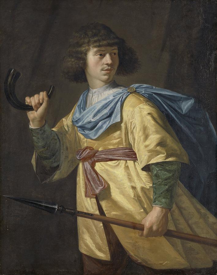 Portrait of a Young Man with a Javelin and a Hunting Horn, Peter Danckerts de Rij, 1635 Painting by Celestial Images