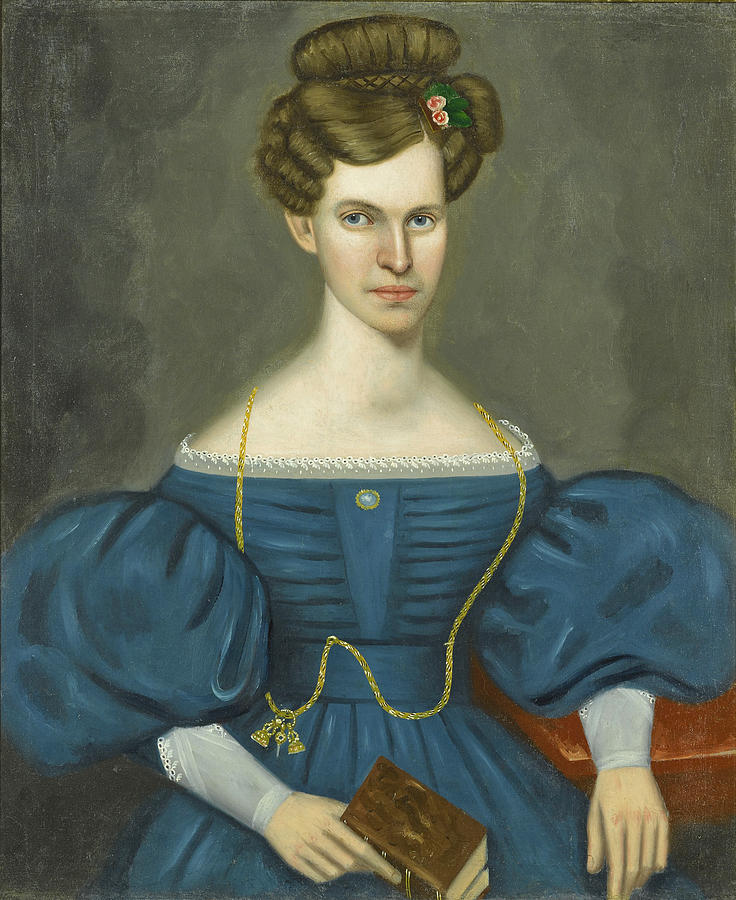 Portrait of a Young Woman in a Blue Dress and wearing a Gold Pocket Watch Chain Painting by Erastus Salisbury Field