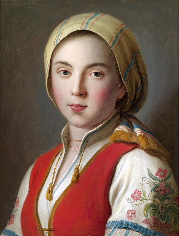 Portrait of a young woman in peasant costume Painting by Pietro Rotari