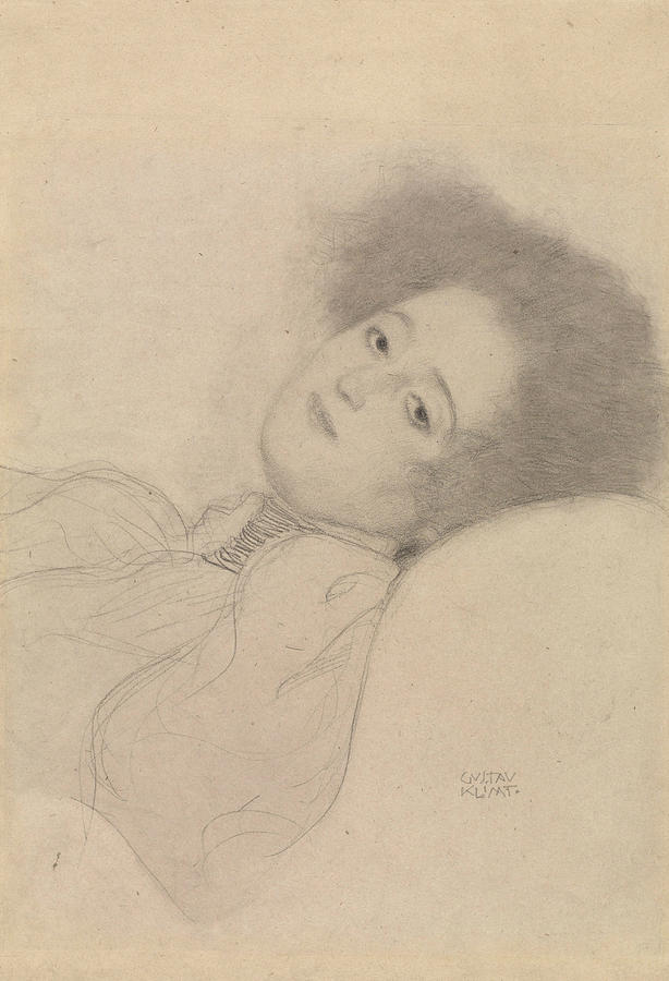 Portrait of a Young Woman Reclining Drawing by Gustav Klimt