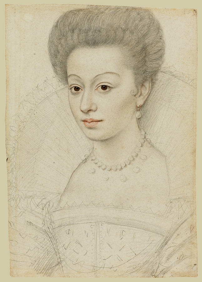 Portrait of a Young Woman with a Fan-shaped Lace Collar and Pearl Necklace Drawing by Attributed to Francois Quesnel