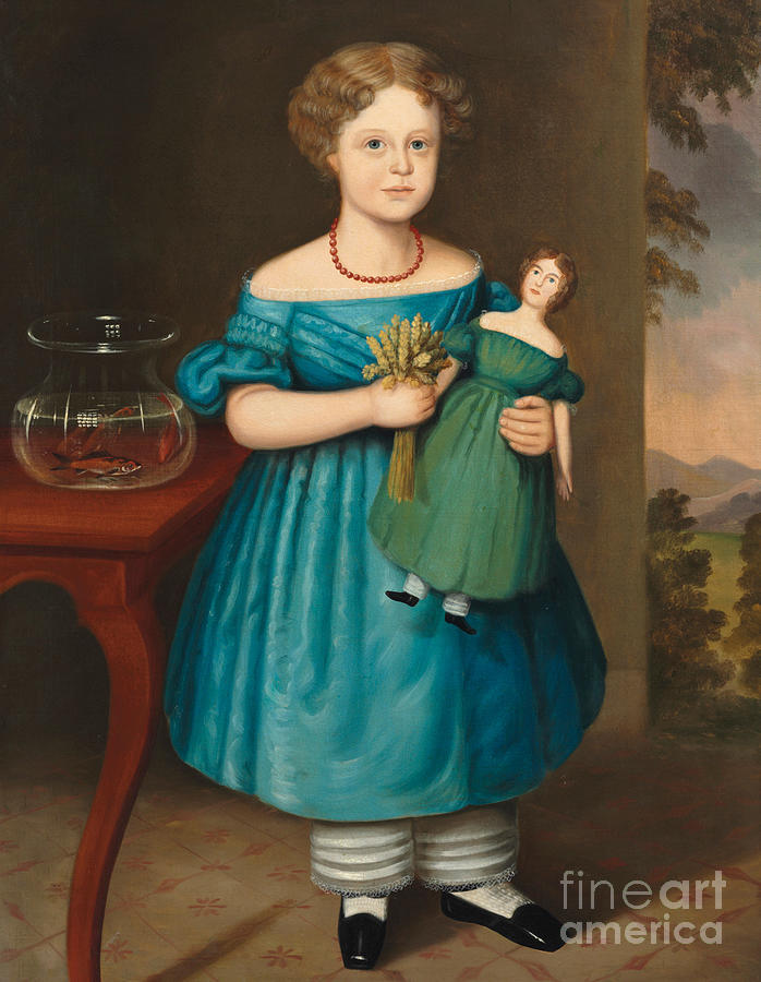 Portrait of Amy Philpot in a Blue Dress with Doll and Goldfish Painting by Joseph Whiting Stock