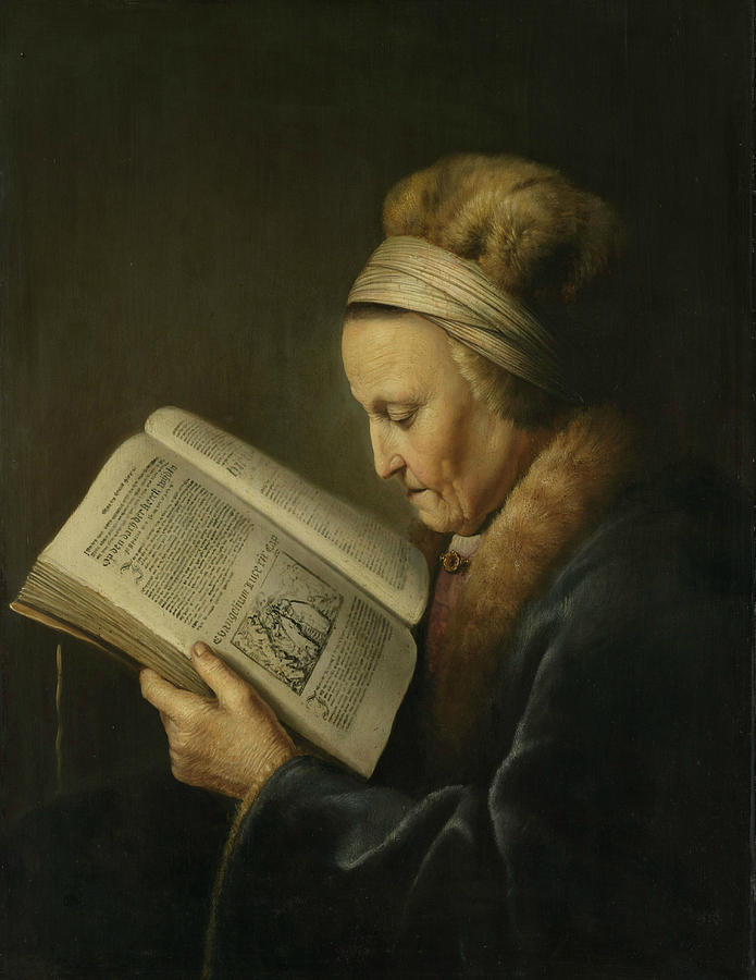 Portrait of an Old Woman Reading Painting by Gerrit Dou