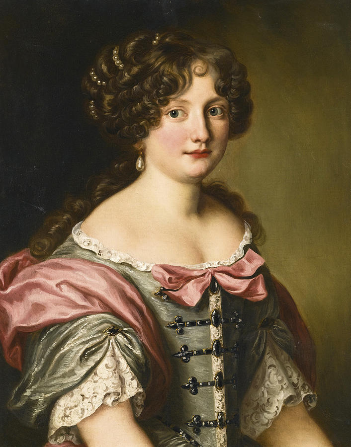 Portrait of Anna Maria Carpegna Naro Half Length wearing a Dress with Fine Lace and Pink Bows Painting by Jacob Ferdinand Voet