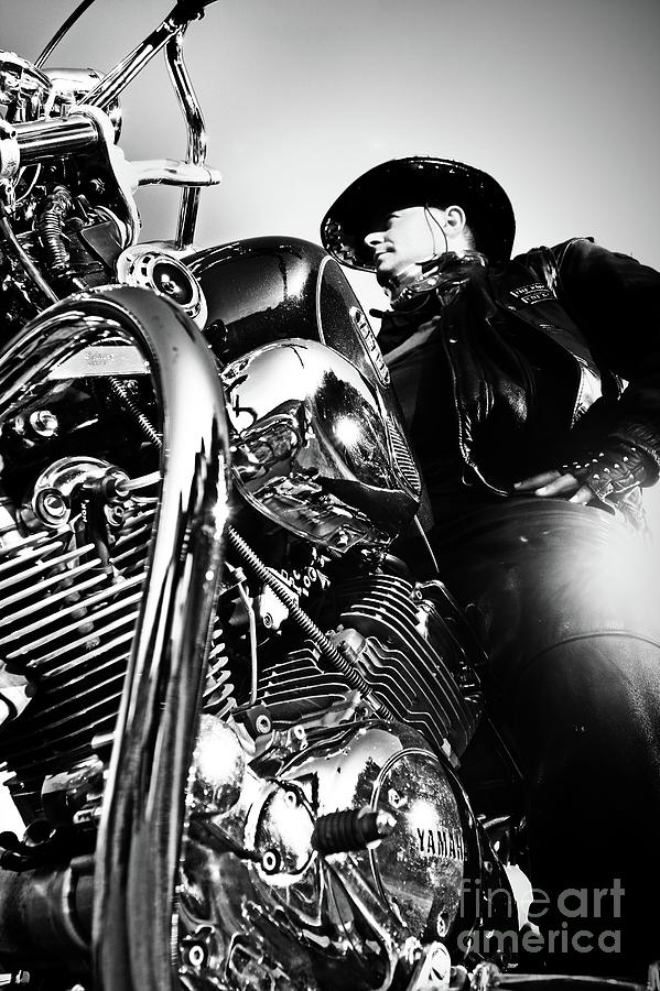 Portrait of biker man sitting on motorcycle - black and white Photograph by Dimitar Hristov