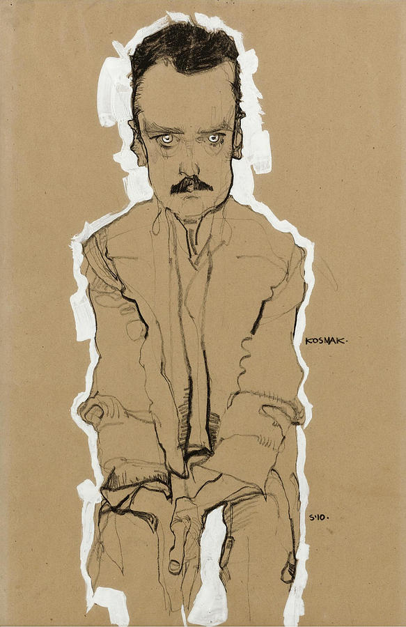 Portrait of Eduard Kosmack frontal with clasped Hands Drawing by Egon Schiele