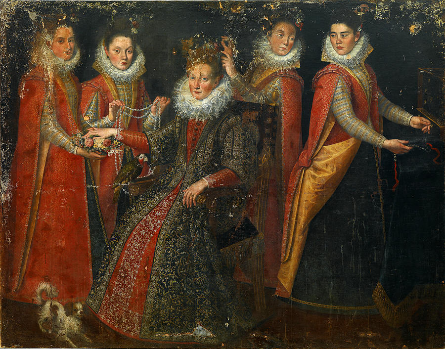 Portrait of five women with a dog and a parrot Painting by Lavinia Fontana