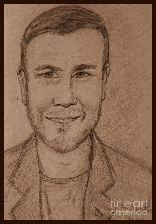Portrait of Gary Barlow in Sepia Drawing by Joan-Violet Stretch