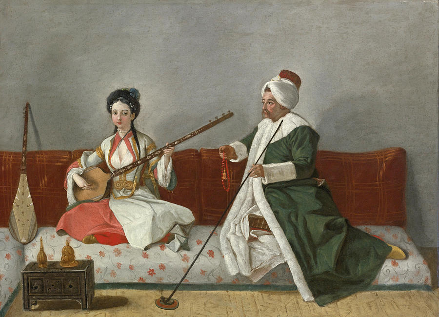 Portrait of Helene Glavany and Mr. Levett seated on a Divan Painting by Follower of Jean-Etienne Liotard