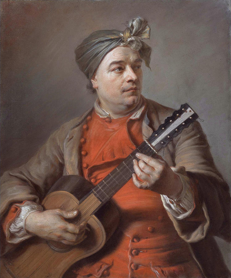 Maurice Quentin De La Tour Painting - Portrait of Jacques Dumont Le Romain Playing the Guitar by Maurice Quentin de La Tour