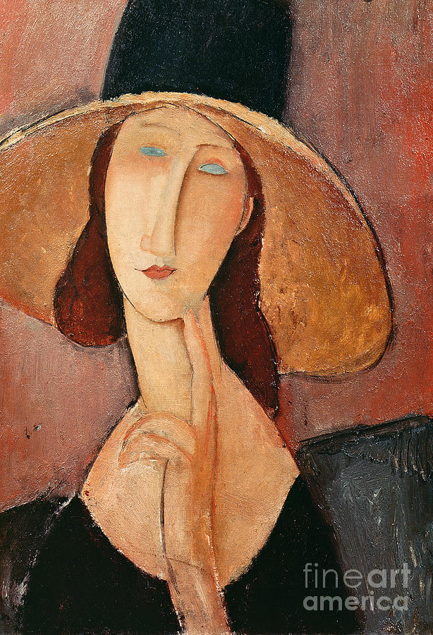 Portrait Painting - Portrait of Jeanne Hebuterne in a large hat by Amedeo Modigliani