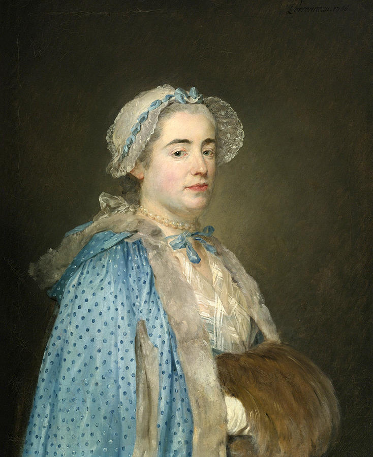 Portrait of Lady probably Madame Blondel dAzincourt dressed in a Blue Polka Dot Cape and Fur Muff Painting by Jean-Baptiste Perronneau