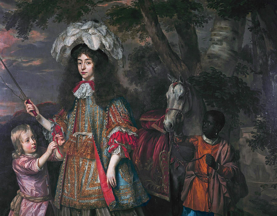 Portrait of Maria of Orange with Hendrik van Zuijlestein and a servant  Painting by Johannes Mijtens