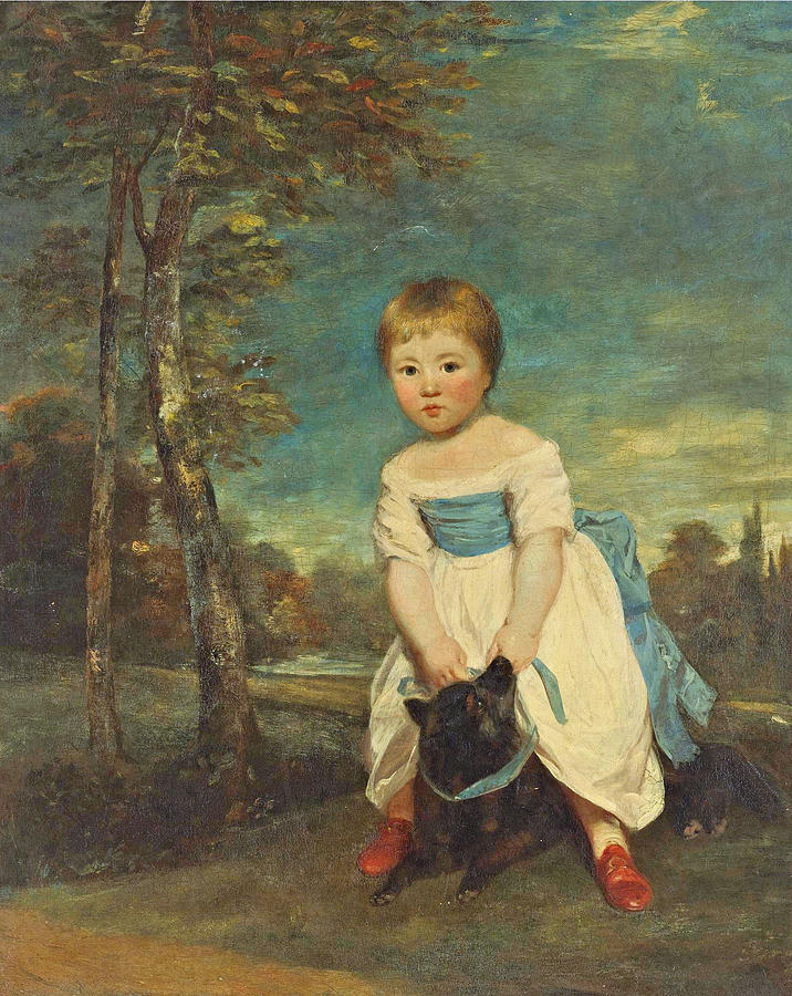 Portrait of Master William Cavendish Full-length standing astride a black dog in a landscape Painting by Joshua Reynolds