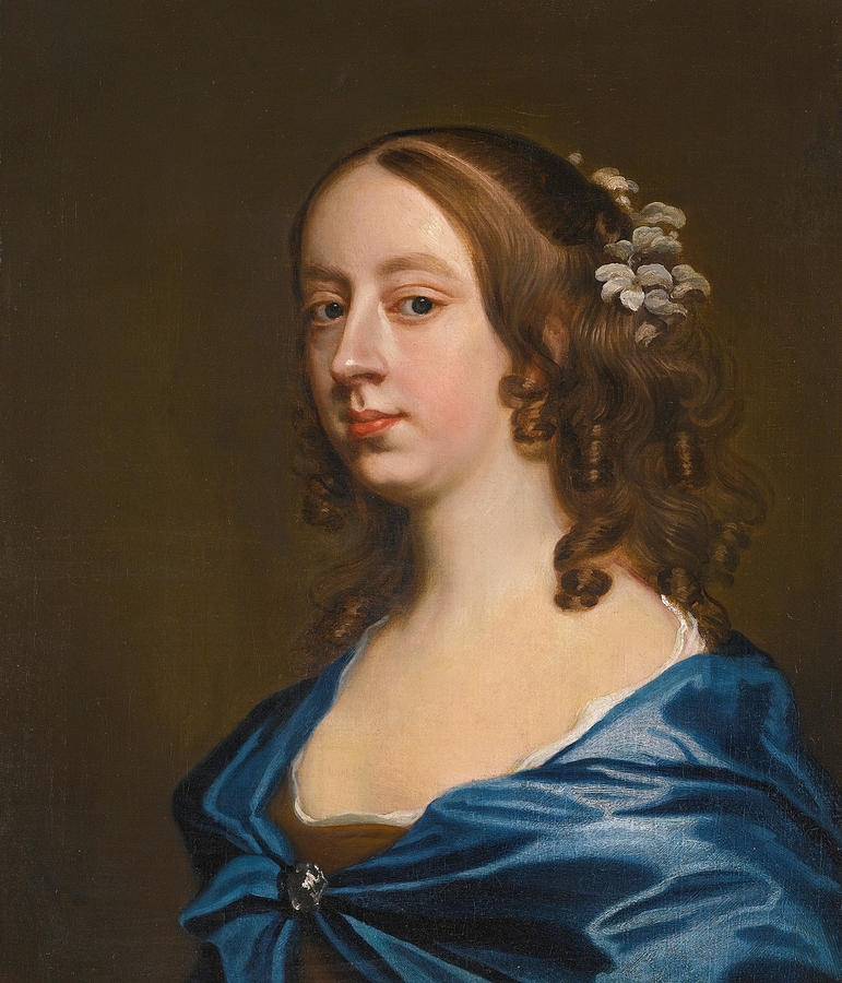 Portrait of Miss Middleton Bust-length in a Brown dress with a blue cape Painting by Attributed to John Hayls