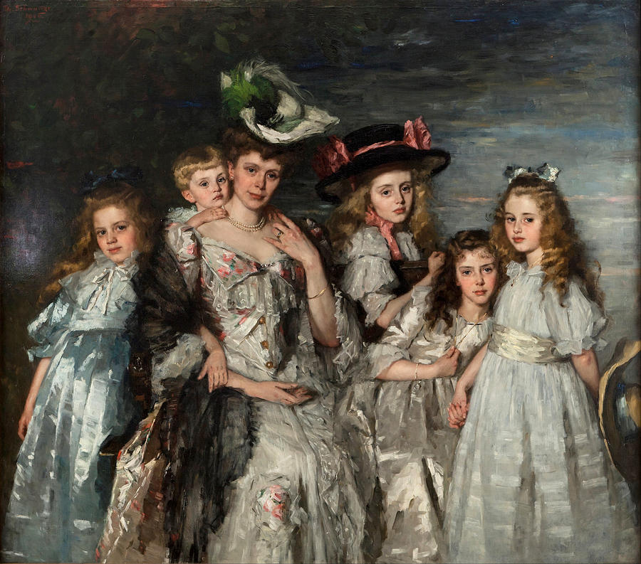 Portrait of Mrs A. G. M. van Ogtrop-Hanlo and her five children Painting by Therese Schwartze