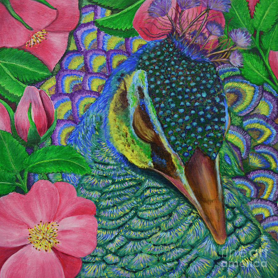 Pink Roses Painting - Portrait of Peacock Sleeping In Dog Roses by Olga Hamilton