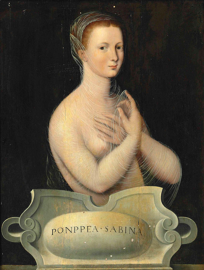 Portrait of Poppaea Sabina, half-length, in a transparent veil, in front of a stone cartouche Painting by School of Fontainebleau