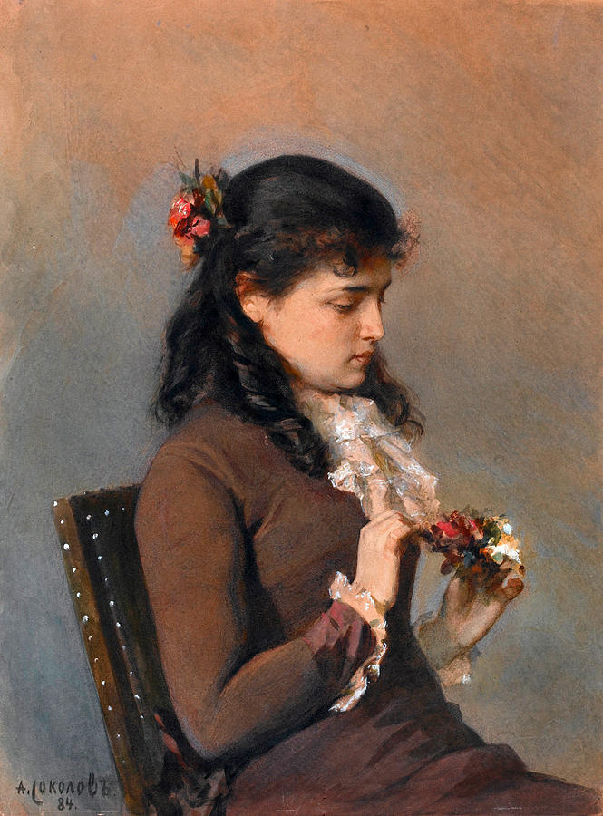 Portrait of the artists daughter with flowers Drawing by Alexander Petrovich Sokolov