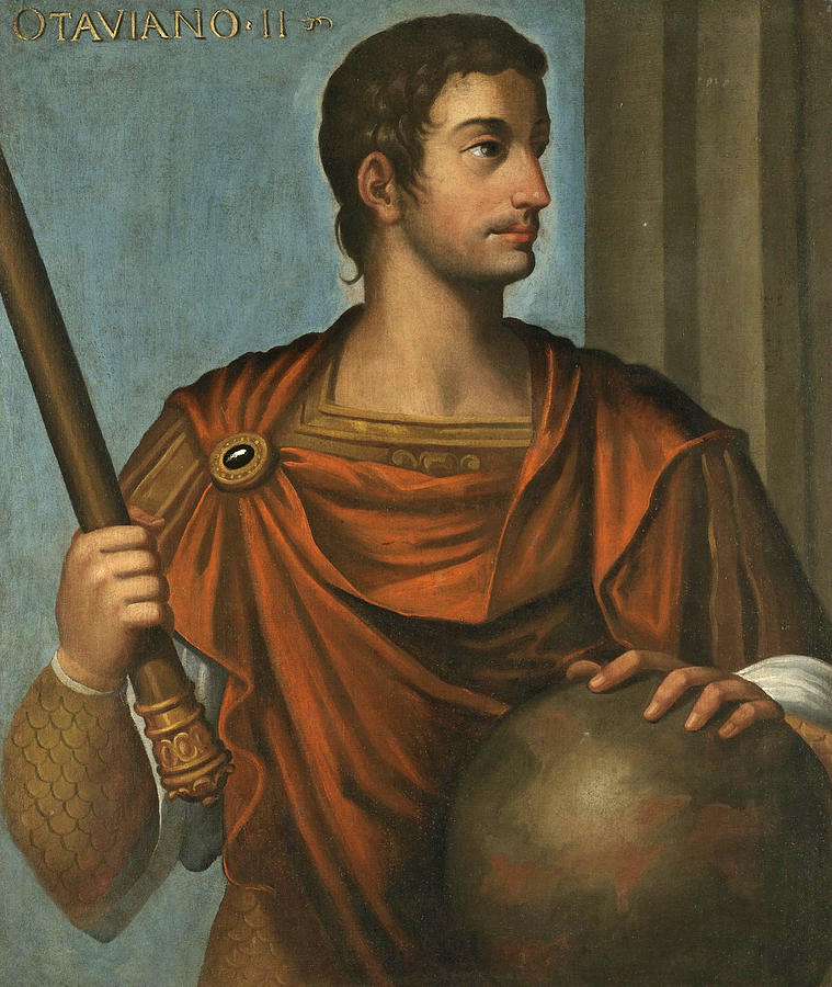 Portrait of the Emperor Augustus half length holding a Baton and resting his hand on a globe Painting by Follower of Bernardino Campi