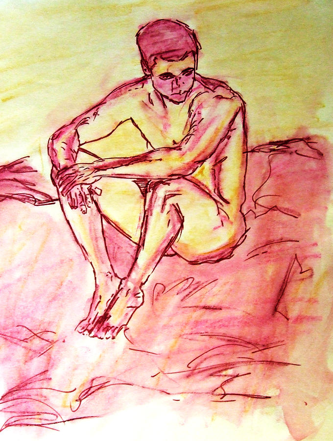Portrait of Thinking Young Male Seated Figure Nude Watercolor Painting in Purple Yellow Sketchy Painting by M Zimmerman