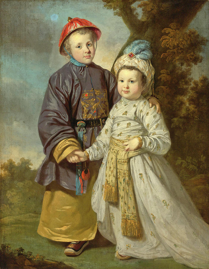 Portrait of two children in eastern costumes Painting by Tilly Kettle