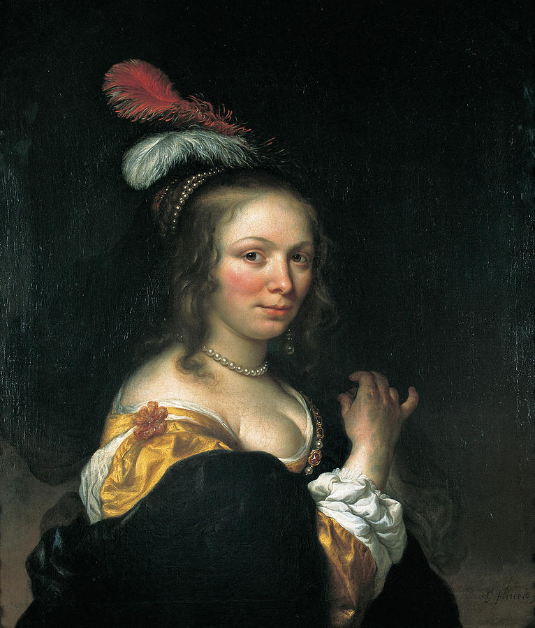Govert Flinck Painting - Portrait of young woman with a hat with feathers by Govert Flinck