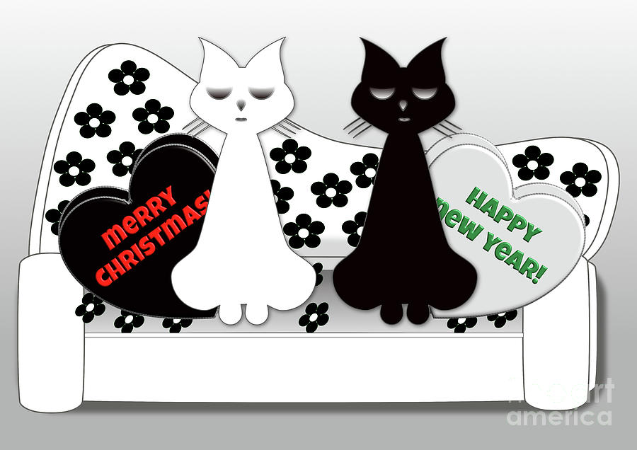 Christmas Cats Black and White Cartoon  Digital Art by Barefoot Bodeez Art