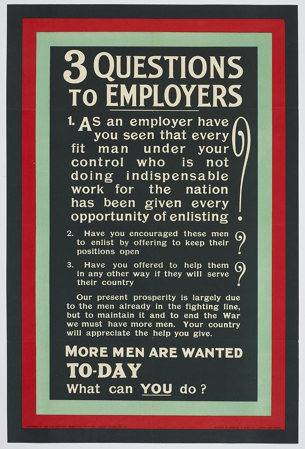 Poster 3 Questions to Employers 19141915 United Kingdom by Parliamentary Recruiting Committee Painting by Celestial Images