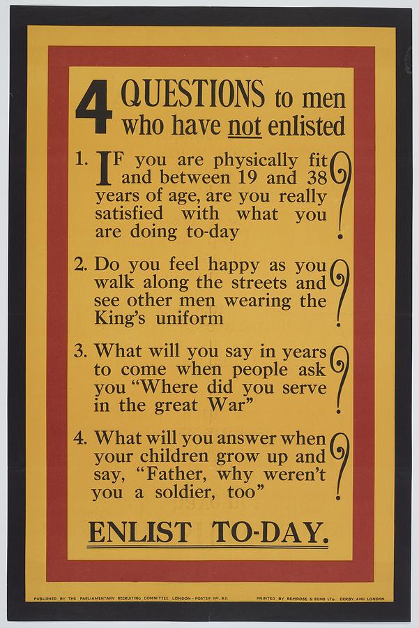 Poster, 4 Questions to men who have not enlisted, 1915, United Kingdom, by Parliamentary Recruiting  Painting by Celestial Images