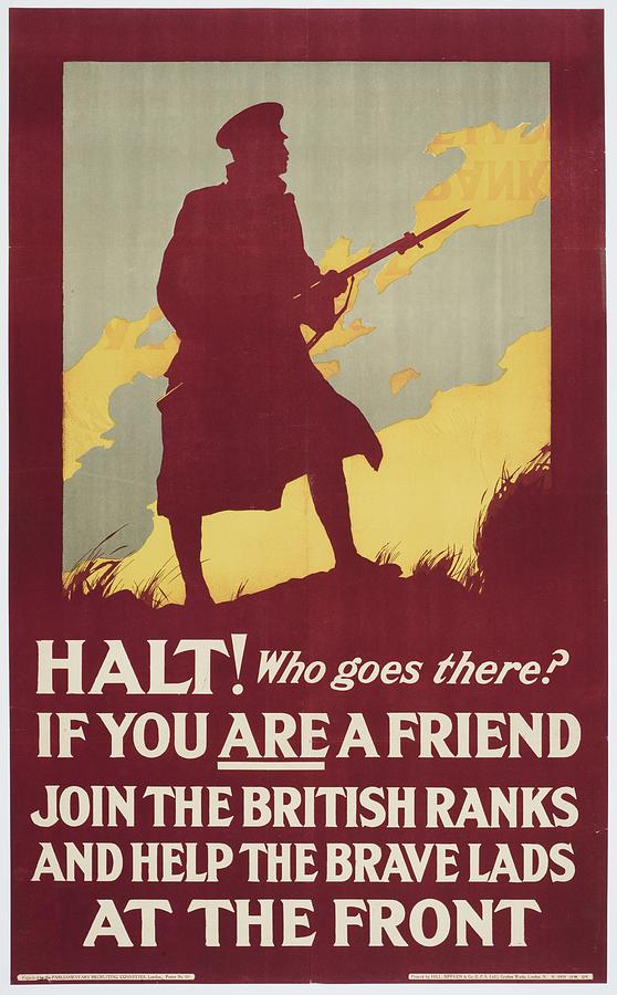 Poster, Halt Who goes there, February 1915 United Kingdom by Parliamentary Recruiting Committee Painting by Celestial Images