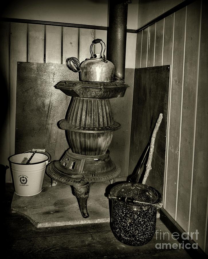 Pot Belly Stove in Black and White Photograph by Paul Ward