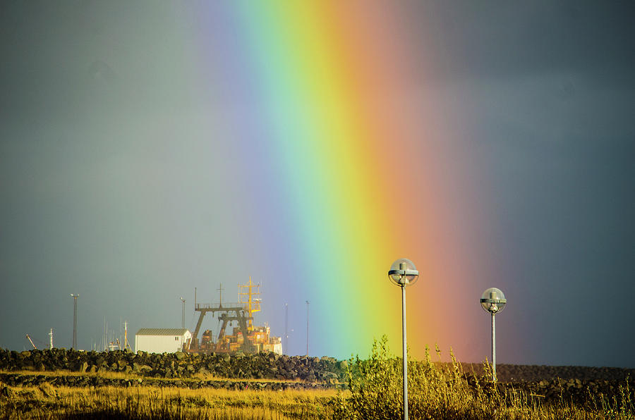 Pot of Gold Rainbow in an Old Boat Reykjanes Peninsula Iceland Photograph by Deborah Smolinske