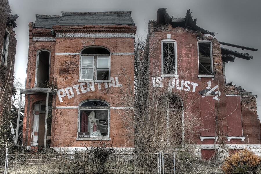 Architecture Photograph - Potential is Just one half crumbling brick home saint louis missouri by Jane Linders