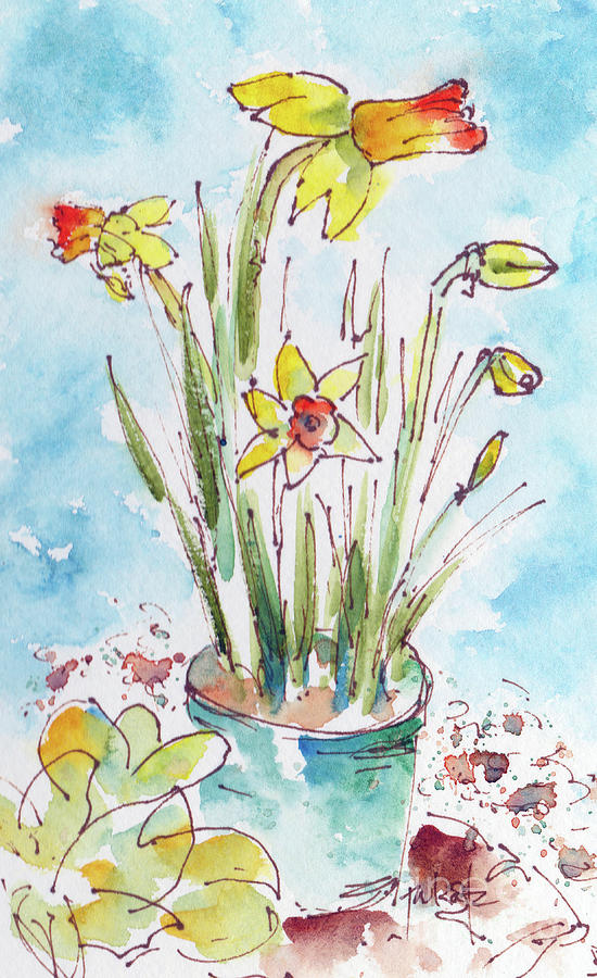Potted Daffodils Painting by Pat Katz