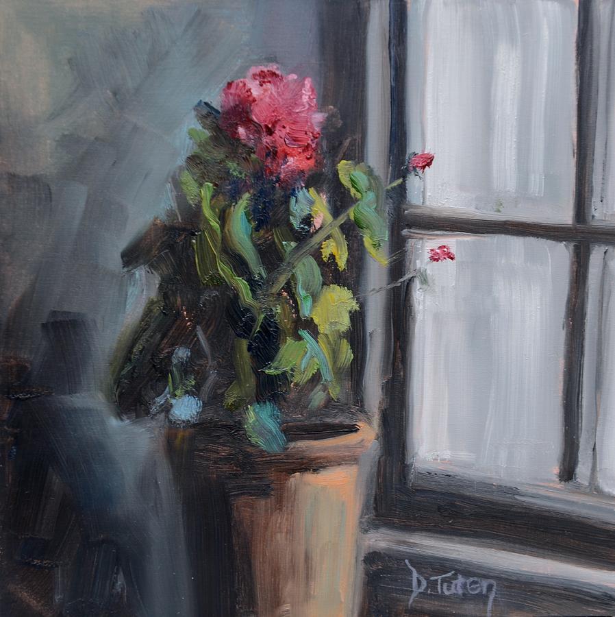 Potted Geranium in Windowsill Painting by Donna Tuten
