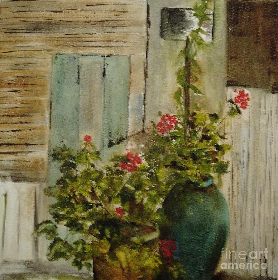 Potted Geraniums, Alloue, France Painting by Angela Cartner