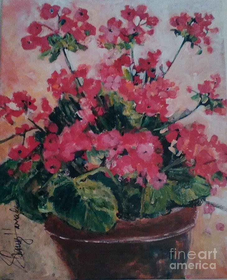 Potted Geraniums Painting by Sherry Harradence