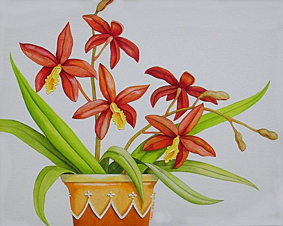 Potted Red Orchids Painting by Carol Sabo