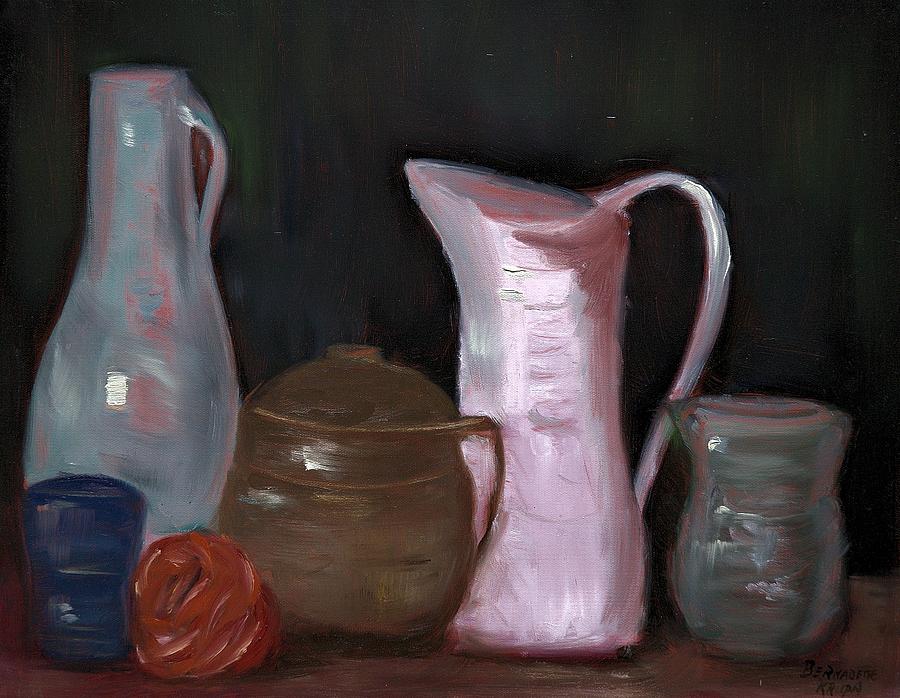 Pottery, Vases and Pitchers - Still Life Painting by Bernadette Krupa