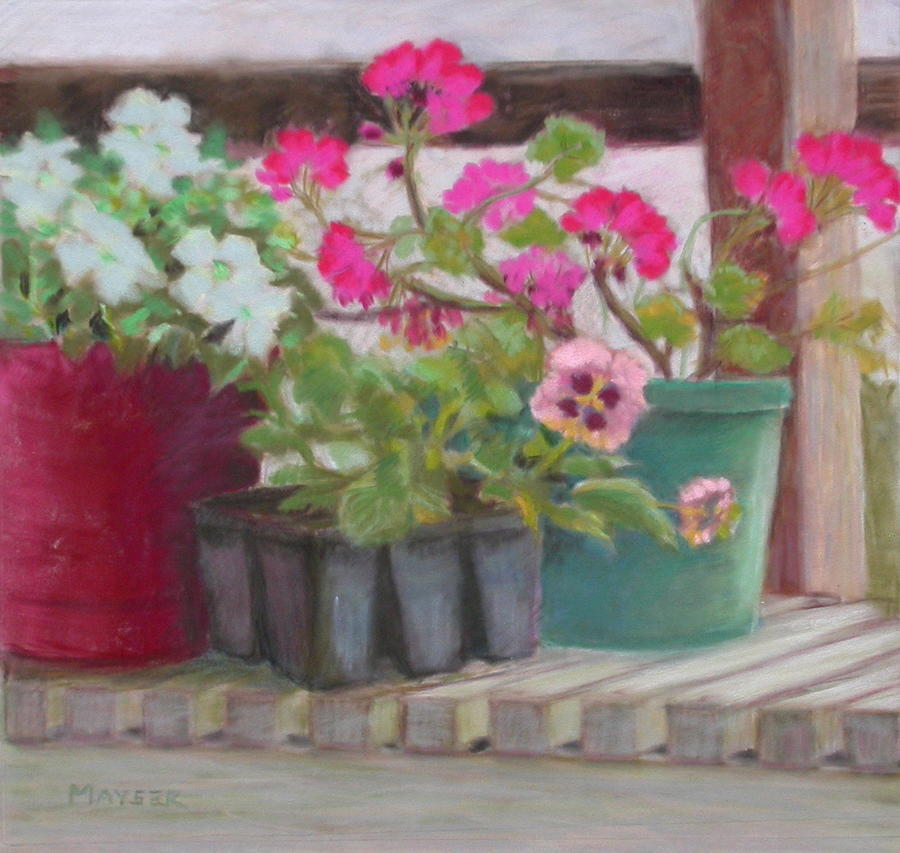 Geraniums Painting - Potting Bench by Julie Mayser