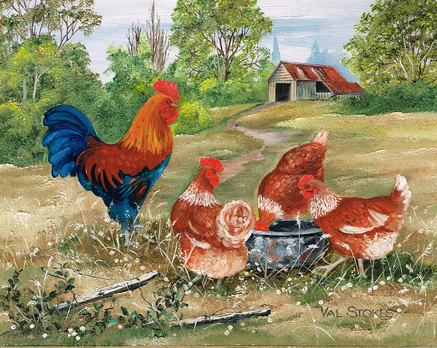 Poultry Peckin pals #1 Painting by Val Stokes
