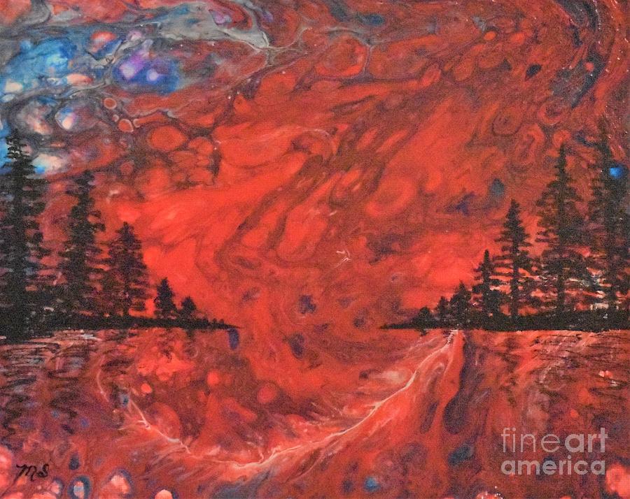 Pour - Red and Pines Painting by Monika Shepherdson